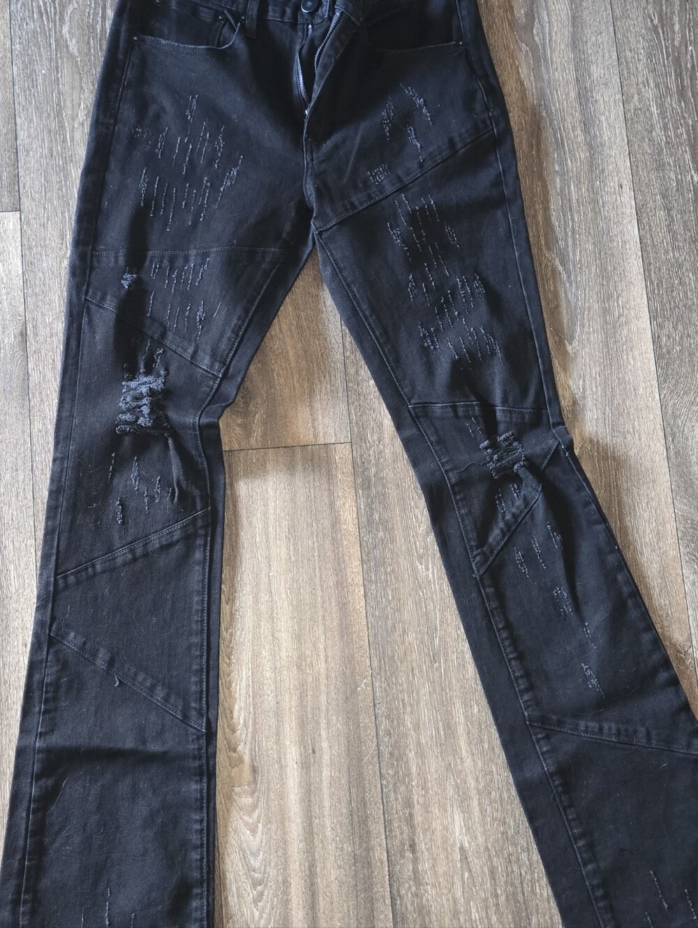 Mens Black Distressed Flare Jeans